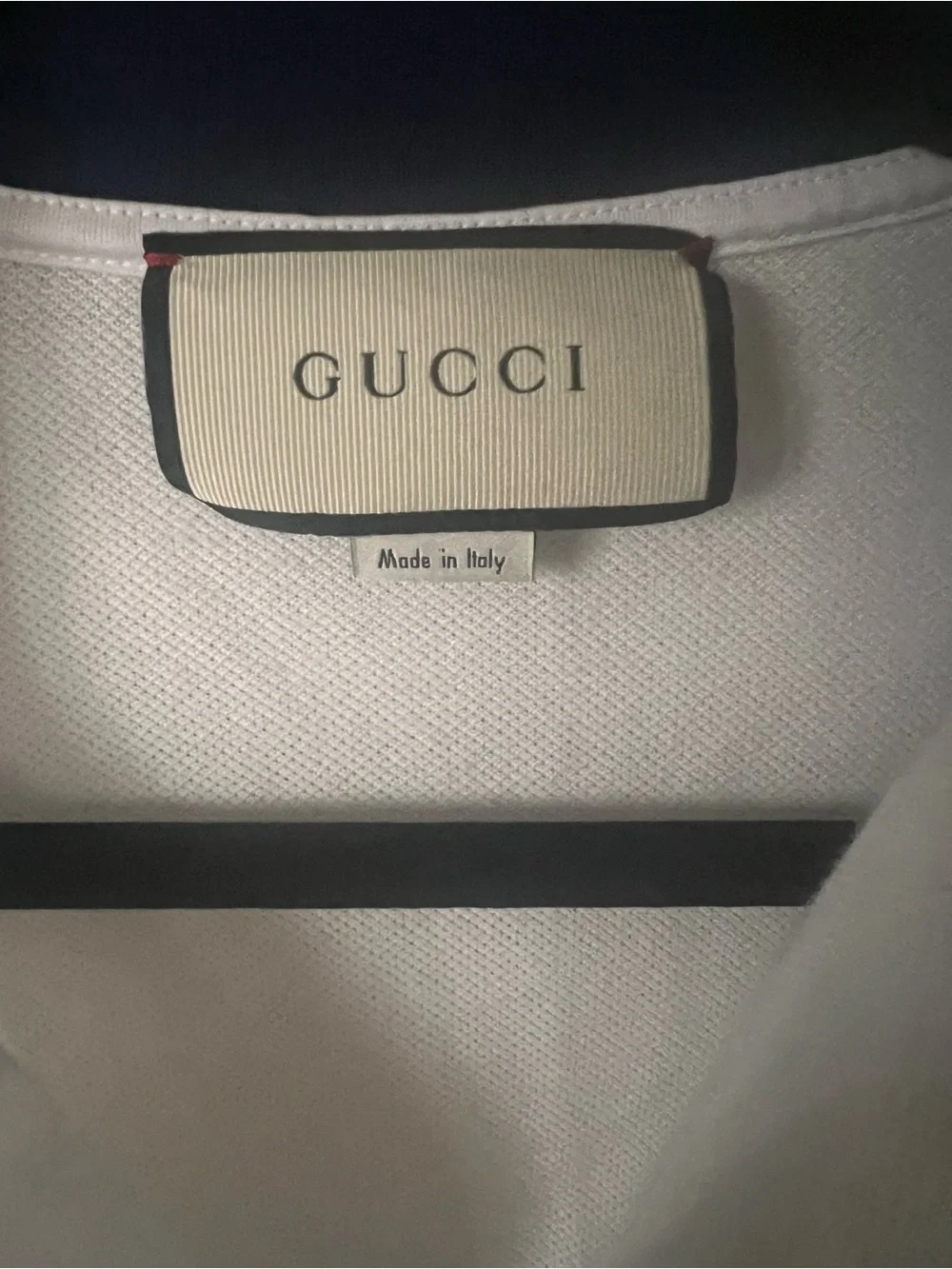 Gucci White Polo with Navy Collar and Red Stripe Accents